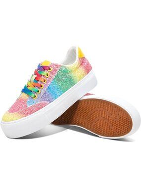 🆕Women's Rainbow Glitter Platform Sneakers Casual Sequin Sparkly Shoes